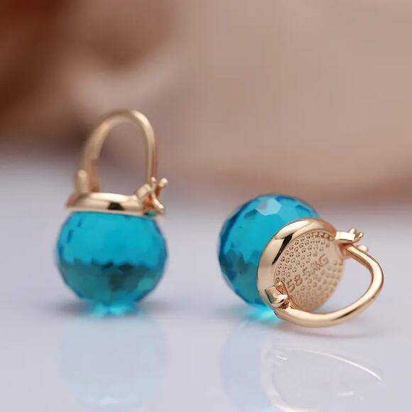 Spherical Faceted Crystal London Blue Topaz Rose Gold Tone Huggy Earrings - Picture 3 of 5